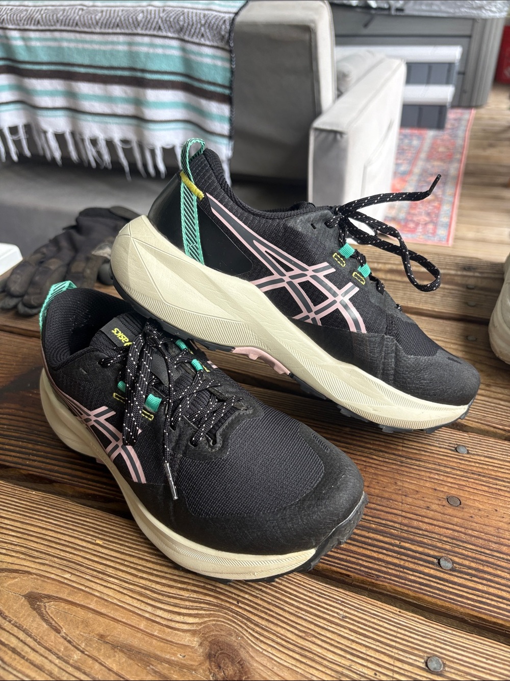 Asics Women's Black Running Shoes with Pink and Mint Accents